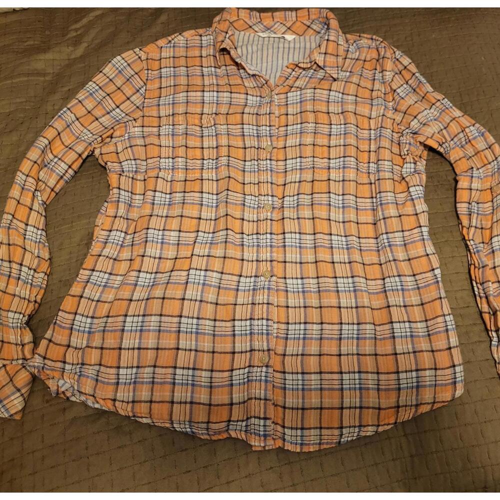 Riders by Lee Women’s Large Plaid Button Up Shirt Apricot Blue L Sleeve Cotton